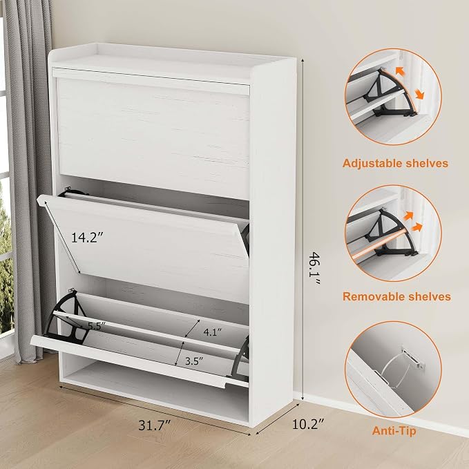 GarveeHome Shoe Cabinet with 3 Flip Drawers, Wooden Shoe Organizer with Adjustable Shelf, Shoe Storage for Entryway, Hidden Shoe Cabinet for Hallway, Living Room, White