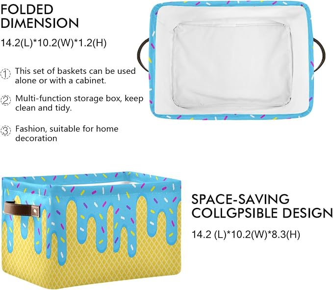Wamika Ice Cream Drip Baseball Storage Basket with Waterproof Liner and PU Handles Blue Candy Storage Bins Boxes 14.2" Collapsible Decorative Organizer Baskets for Bedroom Closet Office 1 Pack