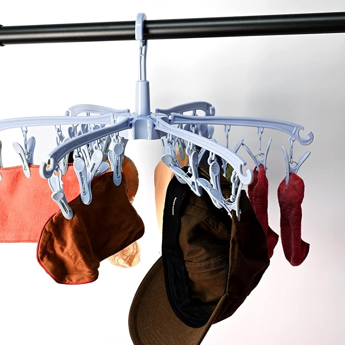 Clothes Drying Hanger with 24 Clips, Foldable Hanging Rack 2 Pack | for Drying Socks Lingerie Baby Clothes Drying Towels Rotatable Sock Drying Rack with 24 Pegs Clips(blue)