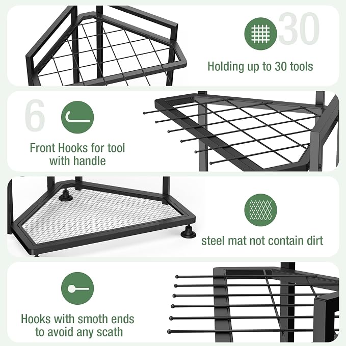 Garden Tool Organizer for Corner,Metal Yard Tool Organizer for Long-Handled Tools/Rakes/Brooms,Side Garden Pocket,Heavy Duty Steel Yard Tool Storage Rack for Garage,Shed, Outdoor