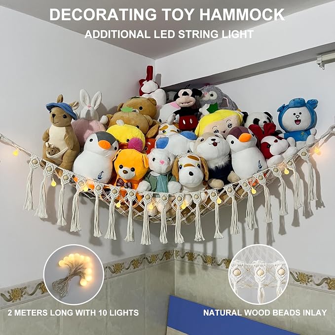Large Stuffed Animal Net or Hammock, Boho Macrame Toy Hammock with LED Lights, Decorate Room Space Saving Pet Net for Stuffed Animals, Suitable for Nursery, Playroom, Kids Bedroom