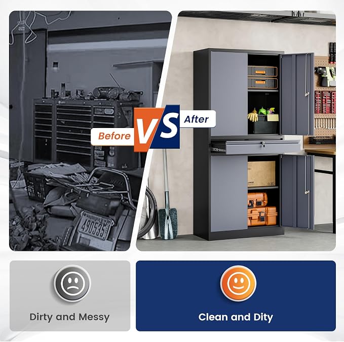 Metal Garage Storage Cabinet with Locking Doors and Adjustable Shelves, 71" Steel Tool Storage Cabinet with 1 Drawer for Garage,Office,Warehouse (Gray Black)
