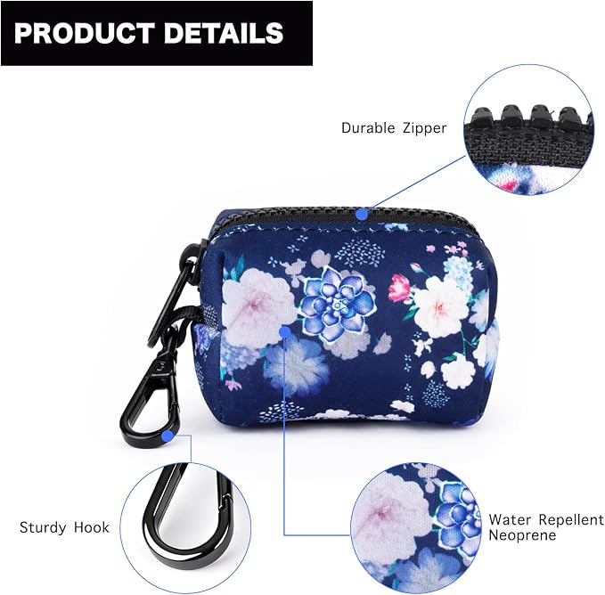 Petmolico Dog Poop Bag Holder Dispenser 2 Pack, Blue & White | Zippered pouch fits any leash, includes free roll of bags, lightweight & portable for daily walks, travel & outdoor use