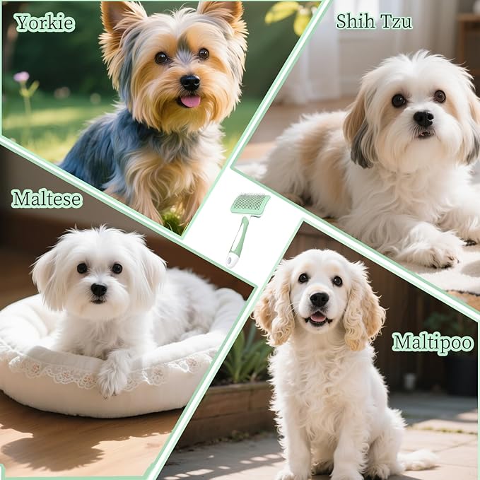 Self Cleaning Slicker Dog Brush for Small Long-Haired Breeds, One-Click Hair Removal, Puppy Essentials, Fit Yorkie, Shih Tzu, Maltese, Maltipoo, Pomeranian, Pet Grooming Tool (Green)