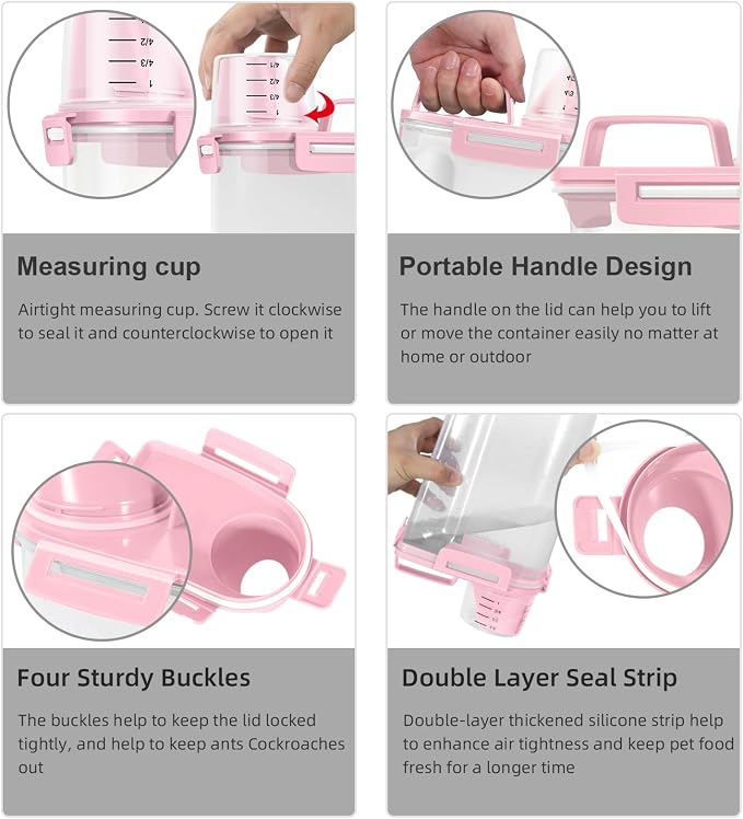 LEAWALK Airtight Rice Storage Container, 3.28Qt Cereal Dry Food Flour and Sugar Bin, Dog Cat Food Dispenser with Measuring Cup, BPA Free Clear Plastic Kitchen and Pantry Organization Bin-Pink 2Pack