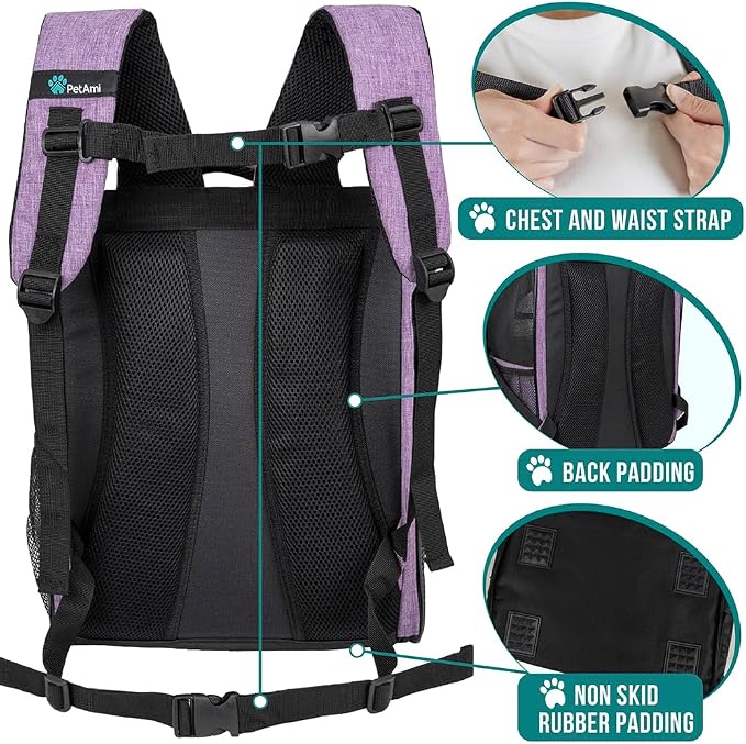 PetAmi Dog Backpack Carrier Airline Approved Cat Pet Puppy Bag, Purple | Ideal for Small Medium Large Pet up to 18 lb, 2 Side Entry Structured No-Collapse Frame, Ventilated Bookbag for Hiking Travel