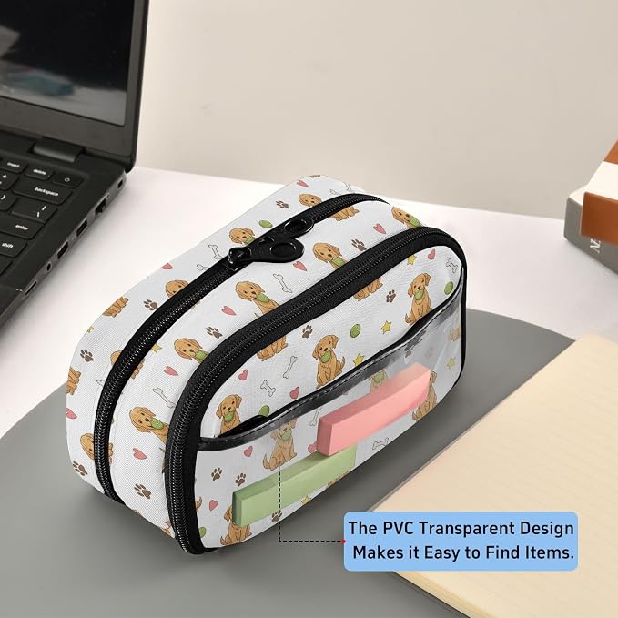 Cute Pets Dogs White print Large Capacity Pencil Case with Zipper Water Resistant Portable Organizer Pen Bag for Students School Office
