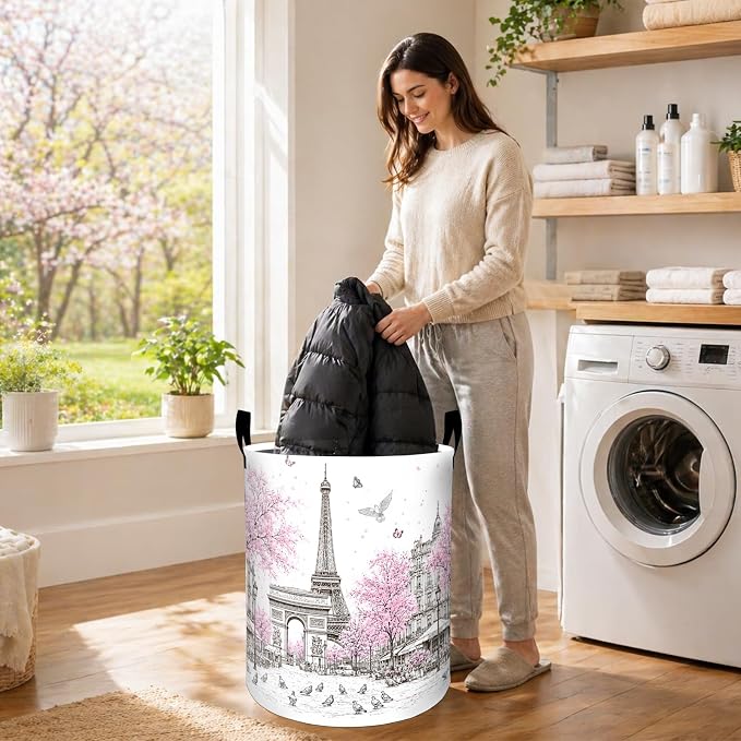 Eiffel Tower Laundry Basket, Paris Street Cherry Blossom Oxford Cloth Dirty Clothes Collapsible Hamper for Room Decor, Travel Gifts, Toy Organizer 19.7 x 15.7 Inches for Bedroom Bathroom Dorm