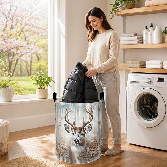 Rustic Deer Laundry Basket, Autumn Forest Birch Tree Oxford Cloth Dirty Clothes Collapsible Hamper for Room Decor, Watercolor Gifts, Toy Organizer 19.7 x 15.7 Inches for Bedroom Bathroom Dorm