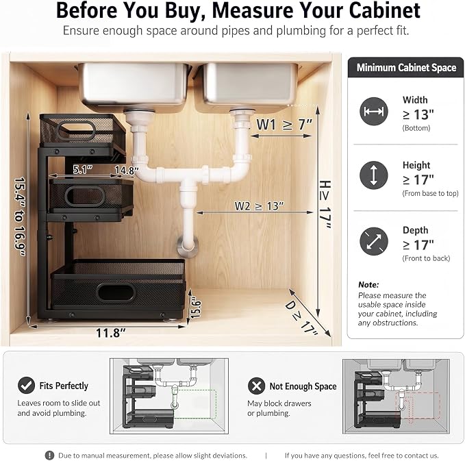 Under Sink Organizer, 3 Tier Pull Out Cabinet Organizer with 5 Adjustable Heights, Metal Under Sink Storage with Sliding Drawers for Kitchen, Bathroom, Pantry and Laundry Room, 2-Pack Black