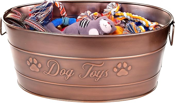 BREKX Copper Metal Dog Toy Storage Bin, Indestructible, Large | Toy, Blanket & Leash Organization • Carrying Handles