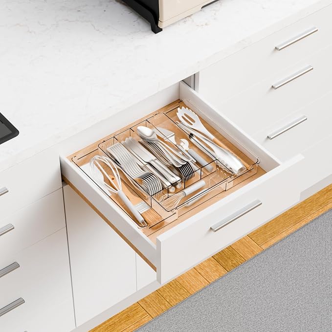 Clear Expandable Silverware Drawer Organizer,9.4-15.6In Adjustable Silverware Tray for Drawer,Acrylic Kitchen Utensil Drawer Organizer for Cutlery,Flatware Organizers and Fork and Spoon Holder