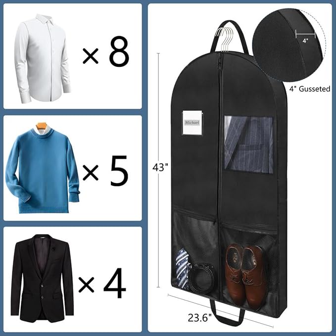3 Pack 43" Travel Garment Bags for Suit Garment Bags for Closet Storage Hanging Clothes Bag with Carry Handles and 2 Large Pockets, 4" Gussets for Suit Coat, Shirts, Dress