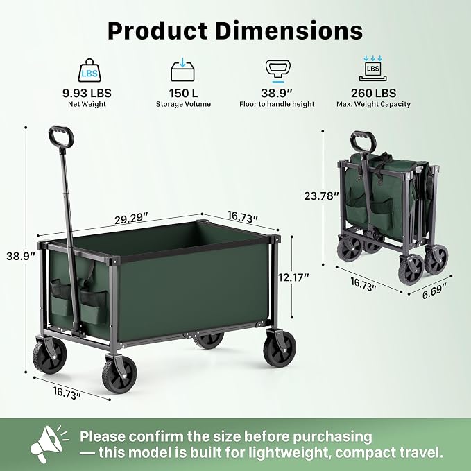 29.3" Collapsible Wagon Cart, 150L Heavy Duty Folding Utility Wagon with Wheels, 260 lbs Load, Portable Rolling Cart for Garden, Shopping, Sports, Camping, Army Green