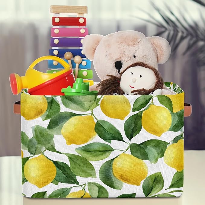 SEULIFE Watercolor Lemon Tree Leaves Foldable Storage Basket, Large Collapsible Organizer Storage Bin Cube Toys Storage Boxes with Handles for Bathroom Kids Nursery Closet Storage, 2 Pack