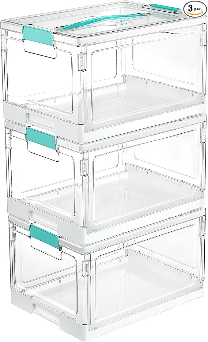 Vtopmart 24 QT Clear Plastic Stackable Storage Bins with Lids, 3 Pack | 24QT Clear PET Bins, Foldable and Stackable with Silicone Pads, for Clothes, Books, Crafts and Household Essentials.