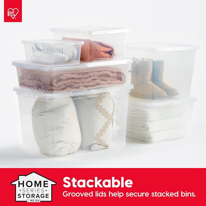 IRIS USA 10-Pack 28 Qt Storage Bins with Lids, Clear, Stackable | Great for clothing, linens, closets and home organization, nestable design, transparent design makes contents easy to find