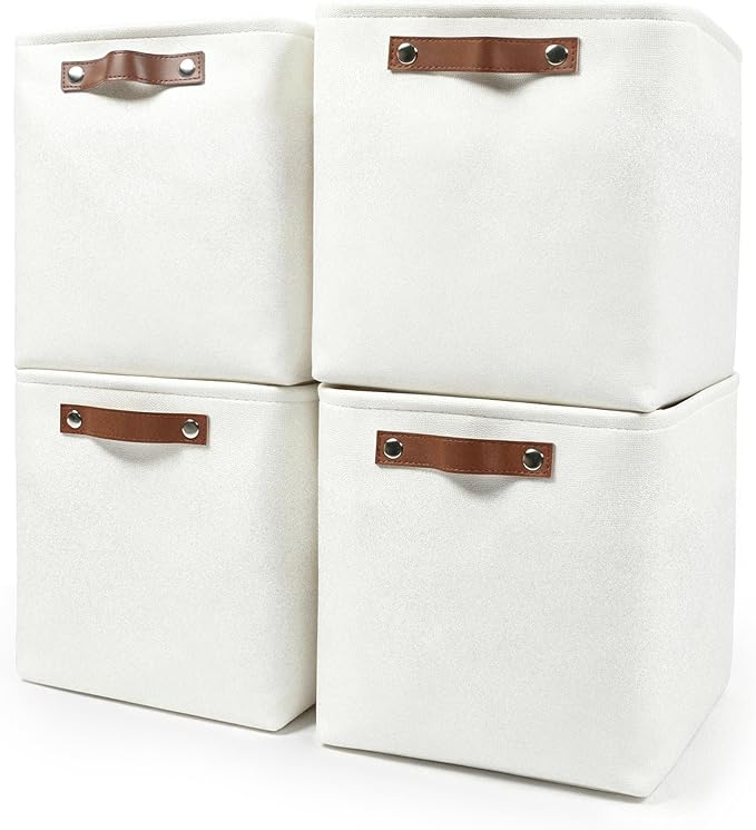 Bagnizer 13x13 Cube Storage Bins, Collapsible Fabric Storage Box, 4 Pack Closet Baskets with Handles for Organizing, Shelf, Toys, Clothes, Home, Office, Nursery (White)
