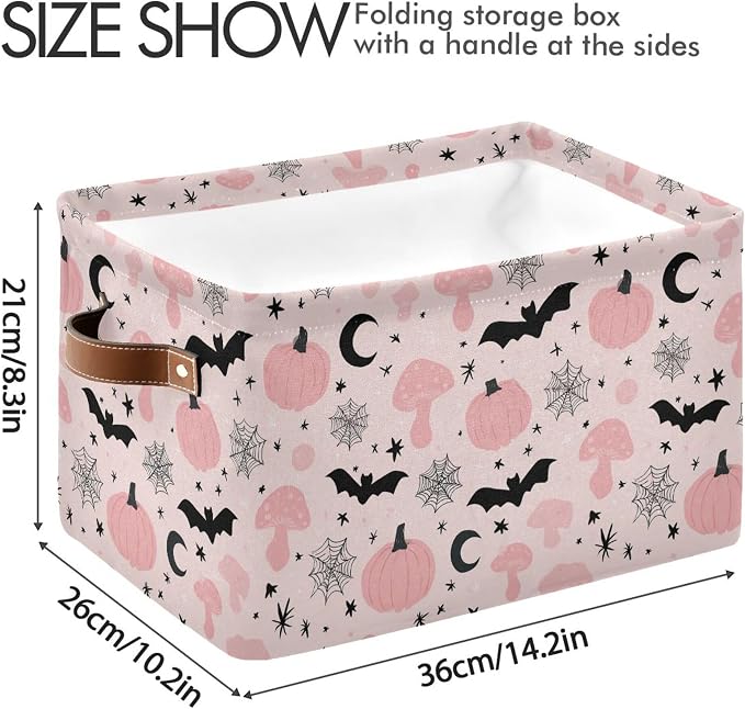 Happy Halloween Pink Storage Basket with Waterproof Liner and PU Handles Pumpkin Bat Moon Mushroom Storage Bins Boxes 14.2" Collapsible Decorative Organizer Baskets for Bedroom Closet Office 2 Pack