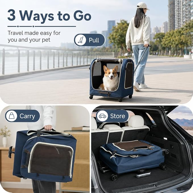 Foldable Rolling Pet Carrier Crate with Telescoping Handle | Soft-Sided Mesh Vents, 4 Smooth Wheels, Removable Inner Mat, Compact Flat Storage, Small to Medium Pets