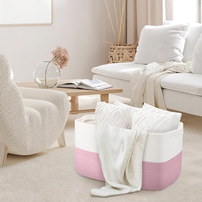 MEGASKET Large Pink Storage Basket, 22" x 17" x 12" Rectangle Cotton Rope Bin for Organizing, Woven Blanket storage for Living Room, Kids Toy Bin Box, Decorative Nursery Storage, Pink Room Decor