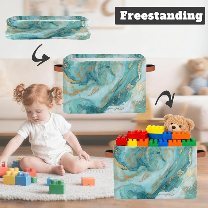 Pardick Storage Baskets Bin, Light Blue Marble Collapsible Canvas Fabric Storage Bin Decorative Baskets Toy Organizer Rectangle Storage Boxes with handles for Home Shelves Nursery,1Pack,C-02