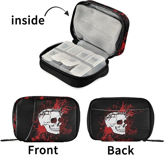 Cool Halloween Skull Pill Box 7 Day Pill Case Travel Pill Organizer Bag with Zipper Portable Weekly Case Compact Size for Vitamin Supplement Holder