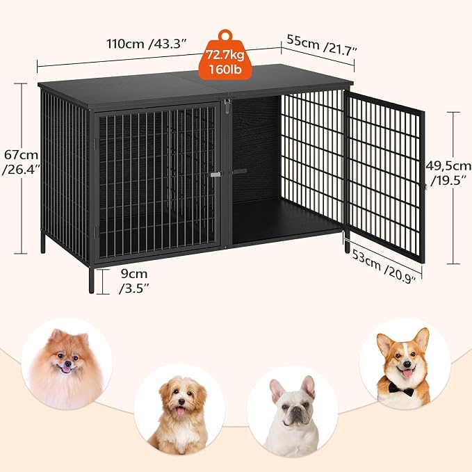 MAHANCRIS Dog Crate Furniture for 2 Dogs, 43.3" Dog Kennel with Removable Divider, Heavy Sturdy Dog Furniture Style Double Cage for Small Medium Dog, Indoor Pet House End Table, Black DCBK1201