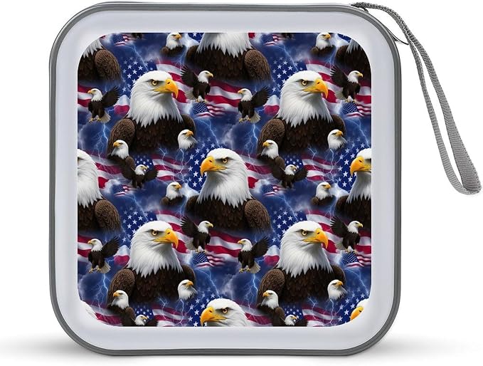 Hard Shell DVD Storage Binder American Flag Cool Bald Eagle, Holds 40 Discs, Portable Wallet with Carry Handle, Organizer for Car Home Office