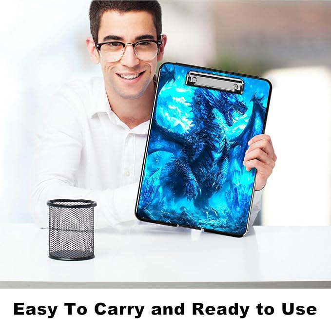 Blue Snow Dragon A4 Clipboard with Storage Pen Holder, Clipboards Organizer Nursing Clipboard Foldable File Folder Plastic Clipboard Folio Clip Board for Office Students Classroom Doctor