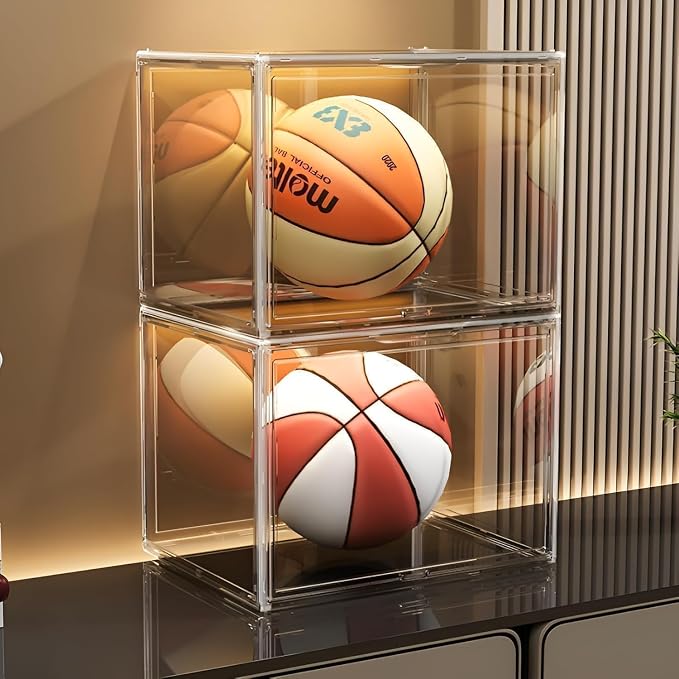 GUDEMAY Large Clear Stackable Plastic Storage Bins with Door, Dustproof Figures Collectibles Display Case, Football & Motorcycle Helmet Showcase, Basketball, Memorabilia Organizer Box (XL, Count, 1)
