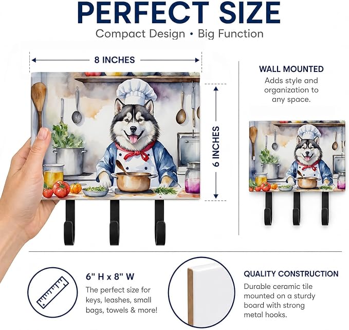 Caroline's Treasures Alaskan Malamute The Chef Leash or Key Holder Wall Hooks, Key Hooks Holder, Coat Rack Wall Mount, Coat Hooks, Hooks for Hanging Keys, Towels, Aprons, Leashes | Alaskan Malamute The Chef artwork on ceramic tile with three steel hook...