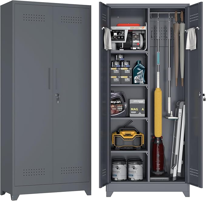 72.8" H Metal Garage Storage Cabinets, Metal Storage Cabinet with Hanging Rod & S-Hooks, Broom Closet Storage with Shelves, Functional Storage Cabinets for Garage, Warehouse, Grey