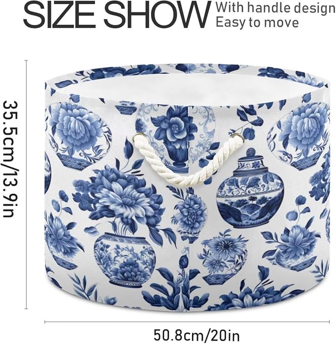 Blue White Floral Collapsible Round Storage Basket with Handles | Chinoiserie Vase Flower Large Laundry Baskets Hamper, Organizer Bin for Nursery Bedroom Living Room Decor, 20x 20x 14 Inches
