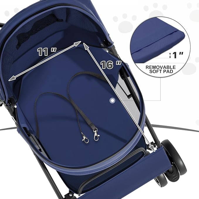 MoNiBloom Pet Stroller for Small/Medium Dogs & Cats Holds 22 lbs, Navy Blue | Foladble 4 Wheels Easy-Fold Puppy Cage Jogger Stroller with Sun Cover, Pad and Rear Storage Bag, Breathable and Visible Mesh