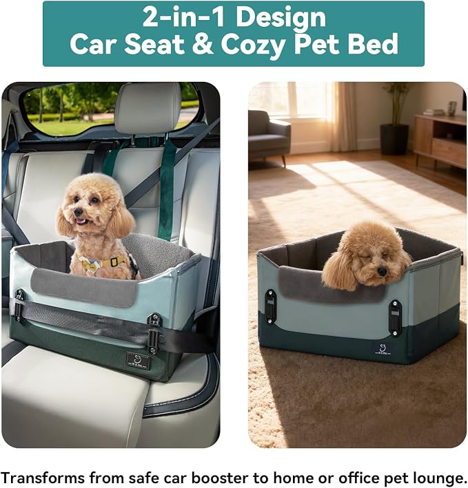 A 4 Pet Dog Car Seats for Small Dogs, Under 25 lbs, Patent Buckles | Adjustable leash, frame support, reduces anxiety, for cars/SUV/pickup