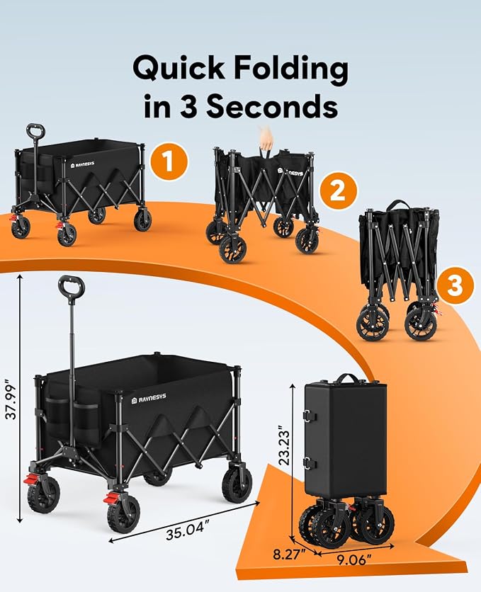 Collapsible Wagon Cart with Wheels, 330LBS for Grocery Shopping Camping | 180L Capacity Wagons Carts Foldable,Heavy Duty Foldable Wagon,Portable Utility Carts for Camping Grocery Garden Shopping