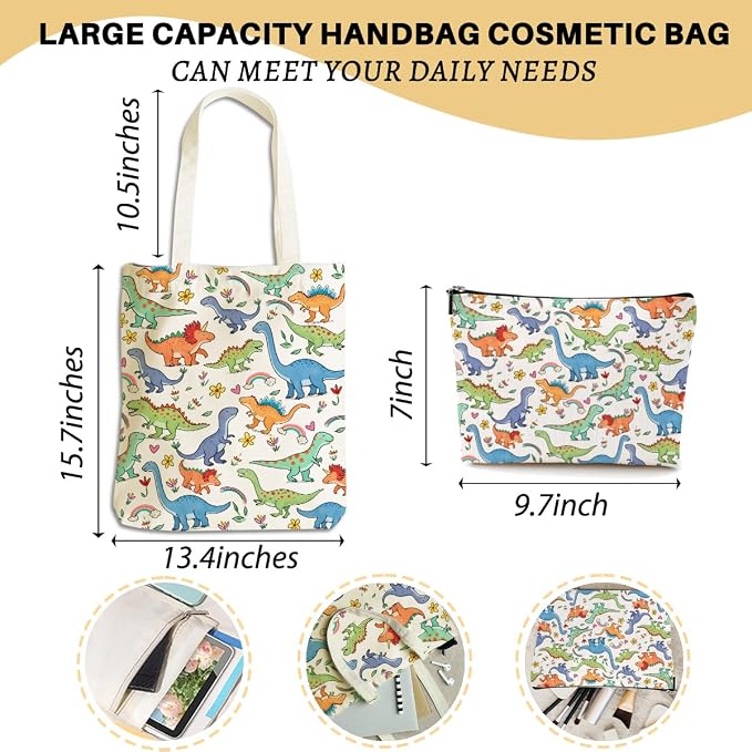 Cute Dinosaur Gifts Cosmetic Bags for Women Girls Bestie Dinosaur Animals Lovers Canvas Tote Bag Makeup Bag, Reusable Grocery Bags with Inner Pocket for Shopping Birthday Christmas Thanksgiving