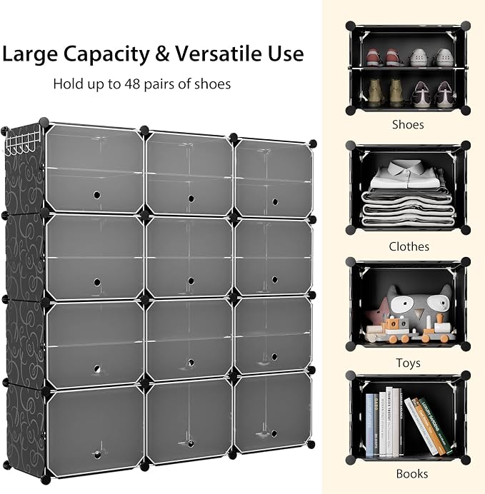 GOFLAME Portable Shoe Rack Organizer, 48 Pairs Expandable Modular Shoe Storage Cabinet with Doors, Adjustable Panels, 8-Tier DIY Shoe Shelves for Closet, Hallway, Entryway, Easy Assembly, Black