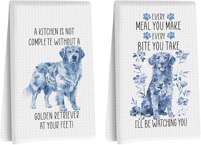 2 Pcs Chinoiserie Golden Retriever Kitchen Towels 24x14 Inch, Golden Retriever Gifts Reusable Dish Towels for Kitchen Decor, Blue and White Floral Waffle Weave Hand Towel, Dog Gifts for Women Mom