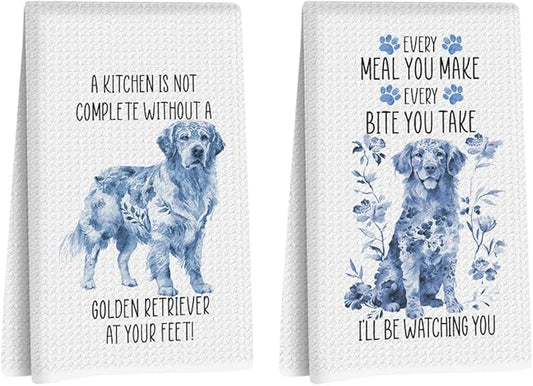 2 Pcs Chinoiserie Golden Retriever Kitchen Towels 24x14 Inch, Golden Retriever Gifts Reusable Dish Towels for Kitchen Decor, Blue and White Floral Waffle Weave Hand Towel, Dog Gifts for Women Mom