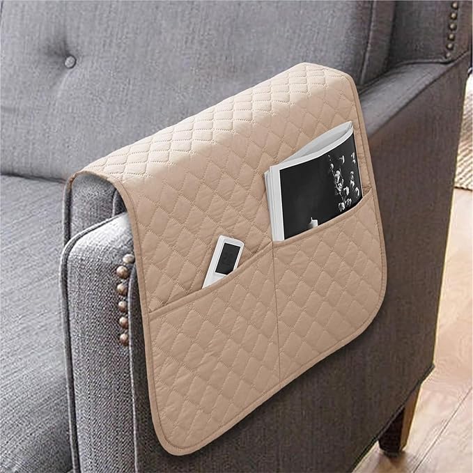 Armrest Covers Arm for Chairs Couch Sofa Armchair Slipcovers Recliner Organizer Non-Slip Chair Bedside Storage Caddy Holder 2 Pockets Magazines Waterproof(Beige)
