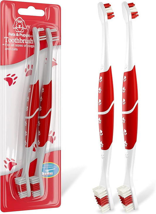 Pet Toothbrush for Dogs, Cats with Soft Bristles - Easy Teeth Cleaning & Dental Care, Non Slip Dual Head Dog Toothbrush for Medium & Large Pets, Toothpaste Not Included (Pack of 2(Red))