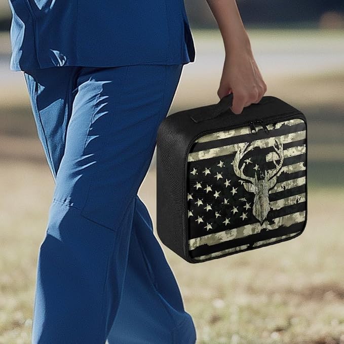 Rnyleeg Wood American Flag Deer First Aid Bag Empty First Aid Kit for Men First Responder Bag Empty Emergency Medical Supplies for Hiking