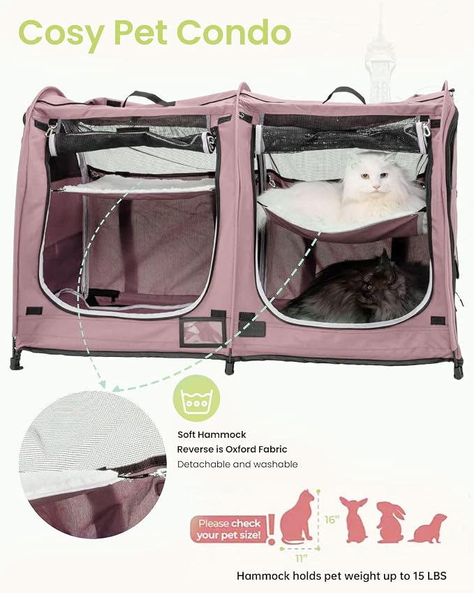 Portable Twin Compartment Show House Cat Cage Condo,Comfy Puppy Home Dog Travel Crate with Carry Bag/2 Hammocks/Mats & Collapsible Litter Box and Water Bottle