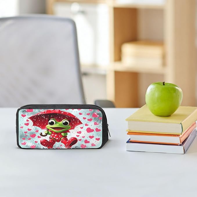 Frog playing in the rain Large Pencil Case, Durable Pen Bag Zipper Organizer Pouch for Office Travel for Women Men