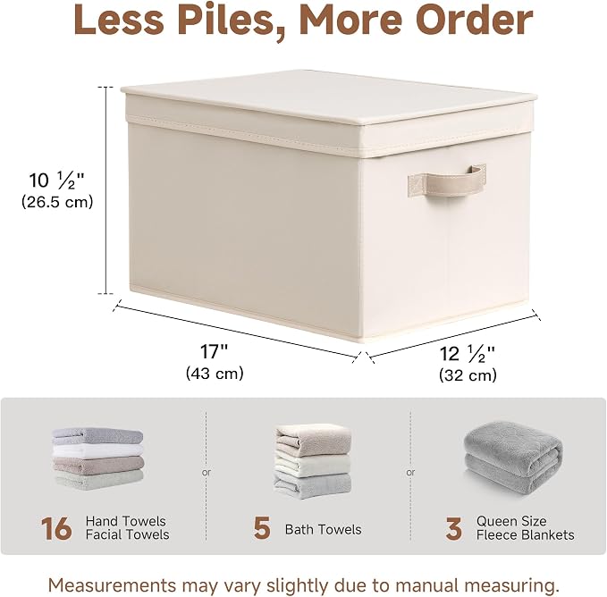 StorageWorks Fabric Storage Bins with Lids, Closet Storage Bins | Lidded Dust-proof, Easy Pull Handles, Foldable, Stackable, Ideal for Clothes Blanket Towel, Jumbo, Cream White, 3-Pack