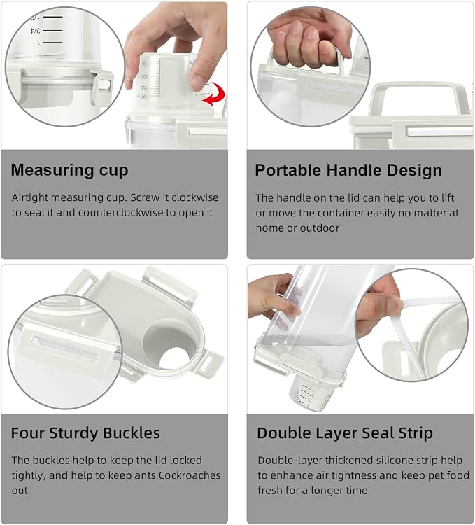 LEAWALK Airtight Rice Storage Container, 3.28Qt Cereal Dry Food Flour and Sugar Bin, Dog Cat Food Dispenser with Measuring Cup, BPA Free Clear Plastic Kitchen and Pantry Organization Bin-White 2Pack