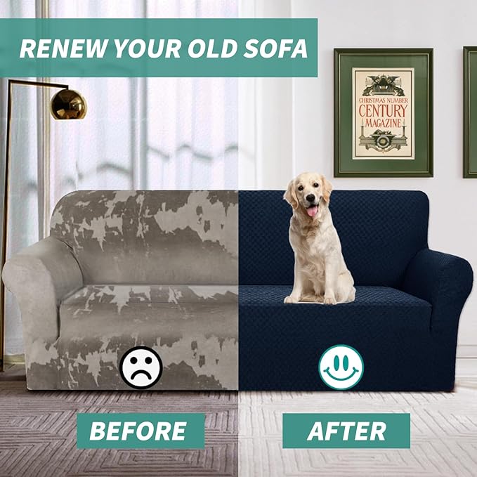 YEMYHOM Couch Cover Latest Jacquard Design High Stretch Sofa Covers for 2 Cushion Couch, Pet Dog Cat Proof Loveseat Slipcover Non Slip Magic Elastic Furniture Protector (Loveseat, Navy)