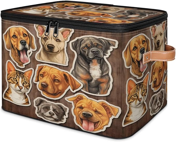 Storage Bin Dogs Cats Storage Basket with Zipper Lid & Handle Foldable Storage Box Cube Bins Clothes Organizer for Closet, Bedroom